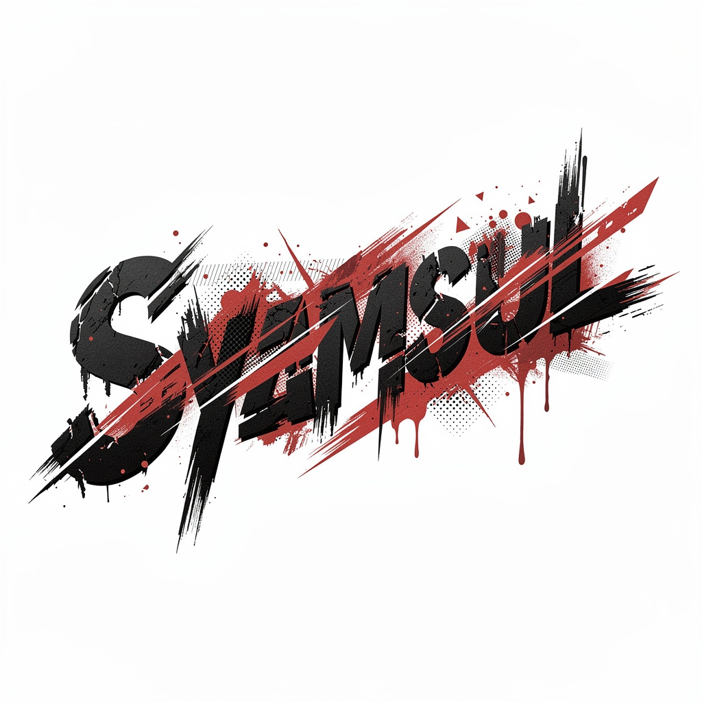 Trash Polka tattoo design of the name Syamsul with bold black and red distressed lettering.