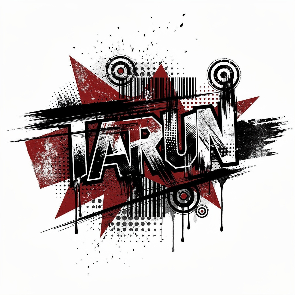Trash Polka tattoo-style design incorporating the name Tarun with bold black and red graphic elements.