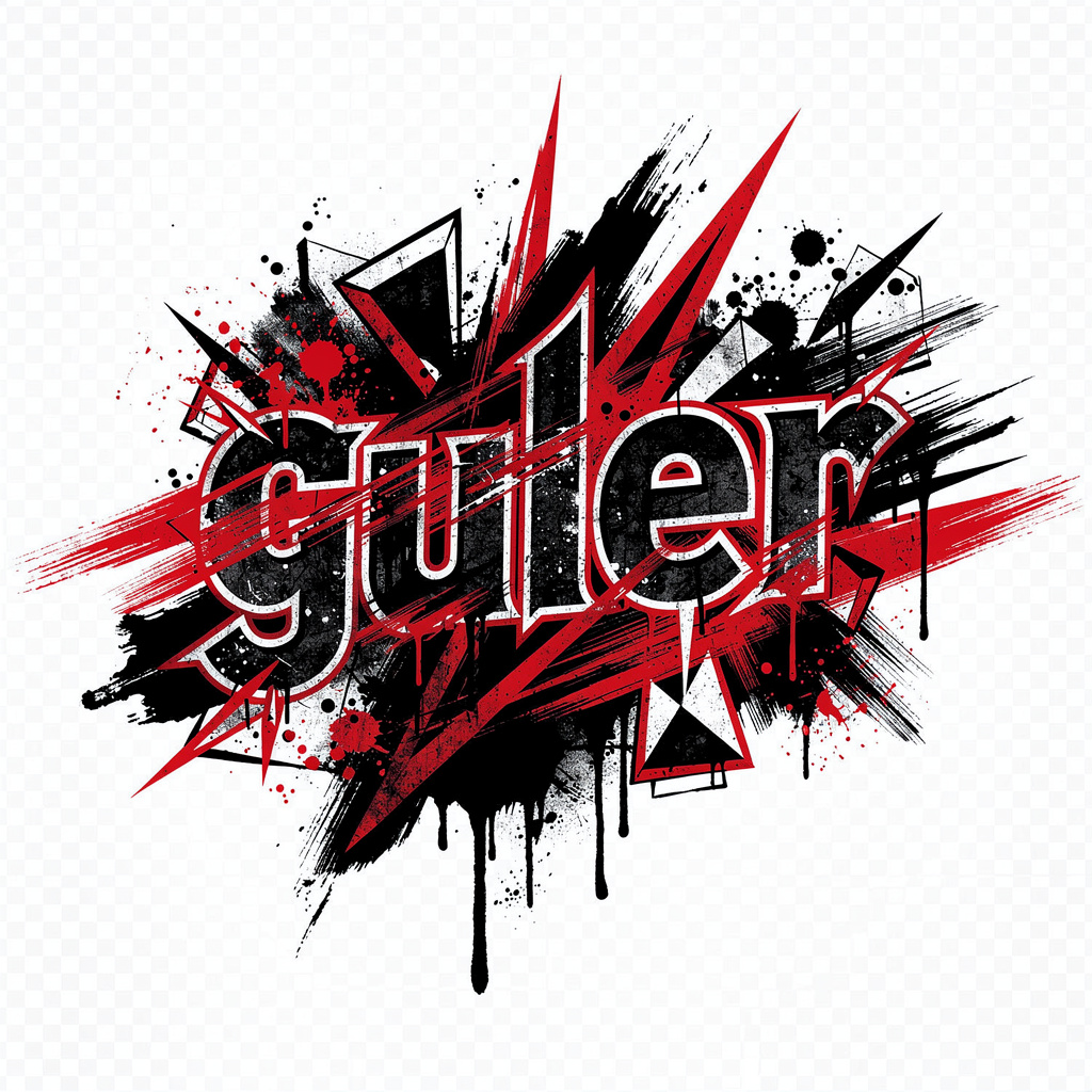 Trash Polka tattoo design of the name Guler in distressed black and red lettering.