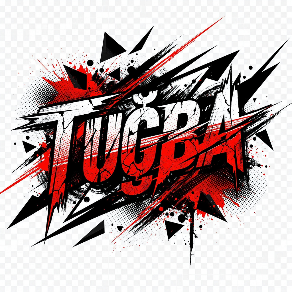Trash Polka tattoo-inspired design of the name Tuğba in bold black and red fragments.