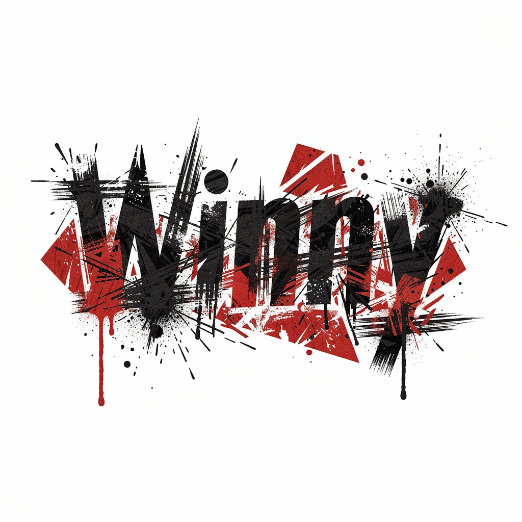 Trash Polka tattoo style design of the name Winny in distressed black and red elements on a white background.