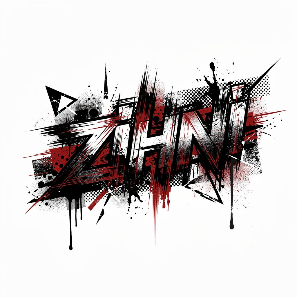 Trash Polka tattoo concept where the name Zihni is fused with bold black and red abstract elements on white.