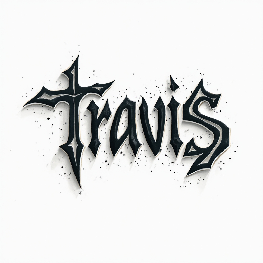 Geometric dimensional glyph tattoo concept where the name travis is built from bold black interlocking letterforms on a white background.
