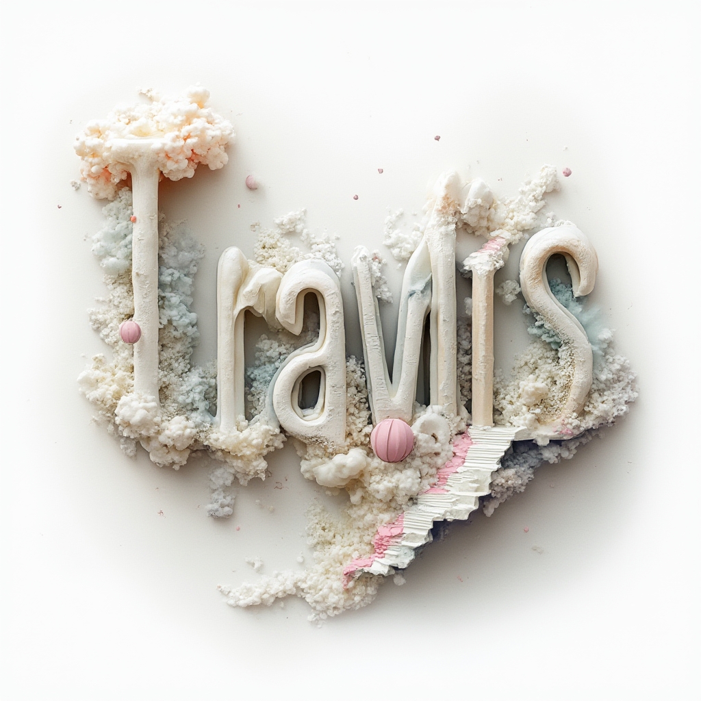 Surreal dreamscape tattoo concept where the name travis is formed from melting architectural and organic letter shapes on a white background.