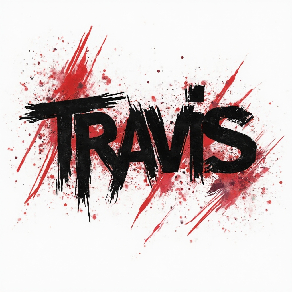 Trash Polka tattoo concept with the name travis built from bold black brush lettering, red blocks, and splatters on a white background.