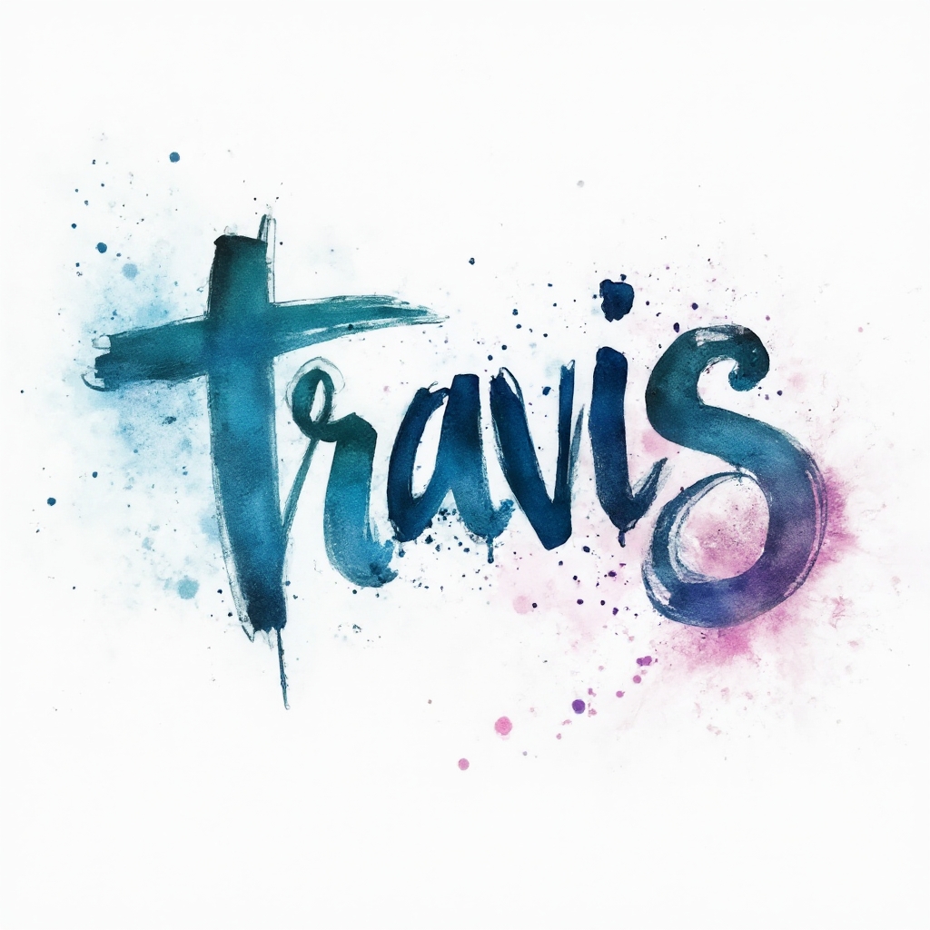 Watercolor ink splash tattoo concept with the name travis formed by colorful painted lettering on a white background.