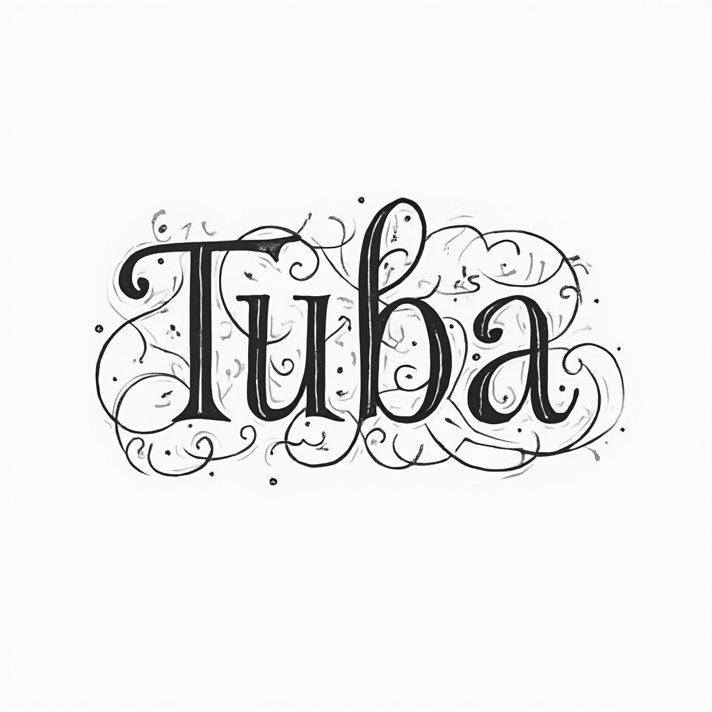 Elegant ornamental linework tattoo concept spelling tuba with flowing curves on a white background.