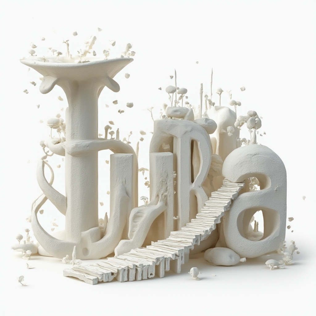 Surrealism tattoo concept where the name tuba is transformed into floating, impossible structures on white.