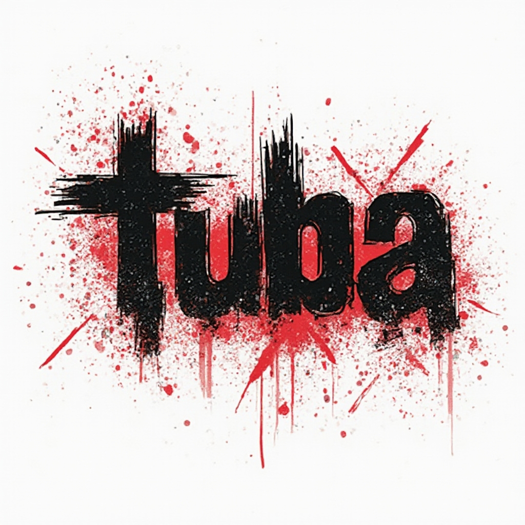 Trash Polka tattoo concept of the name tuba with bold black letters and red splashes on white.