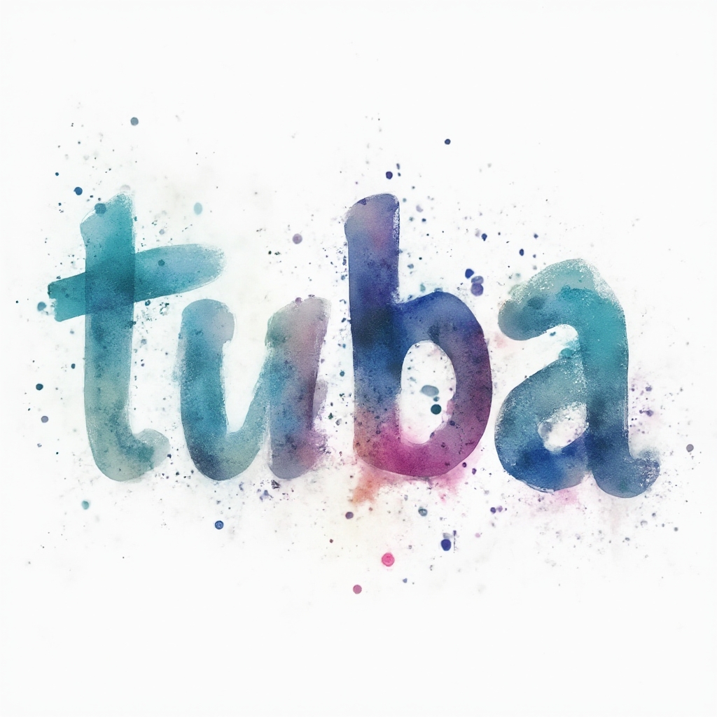 Watercolor-style tattoo concept where the name tuba is formed by colorful paint splashes on a white background.