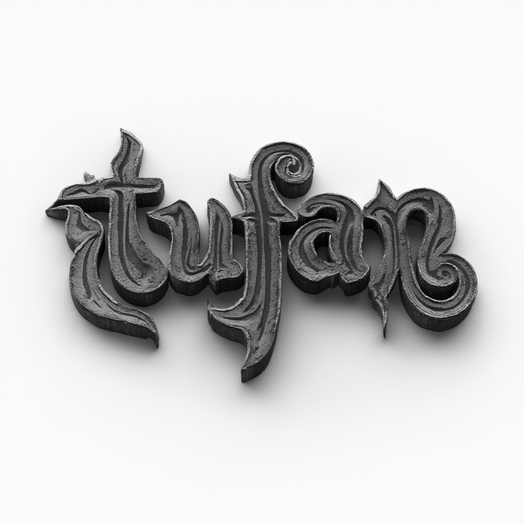 Black and grey abstract dimensional tattoo lettering design forming the name tufan on white