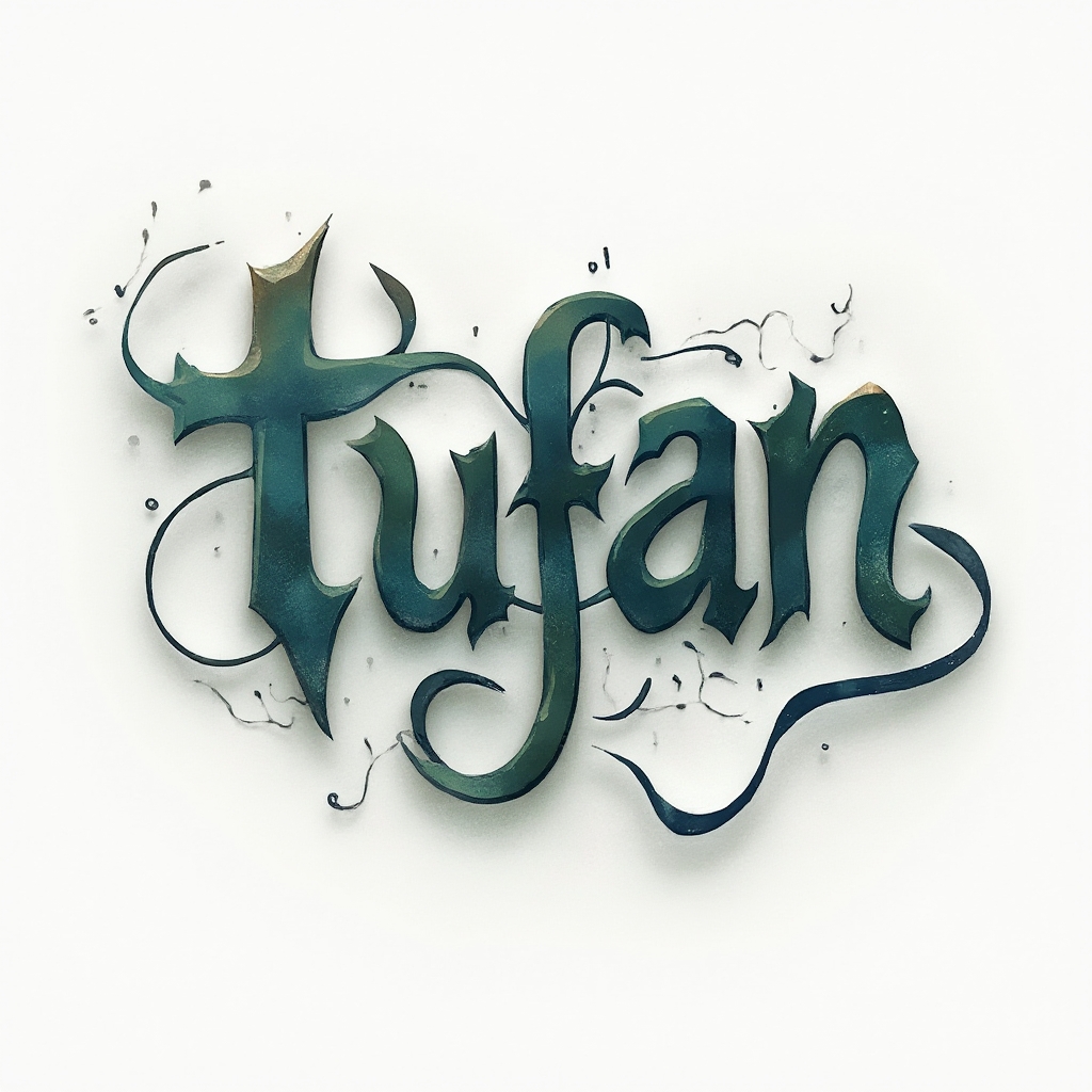Surreal abstract tattoo concept forming the name tufan from dreamlike twisting shapes