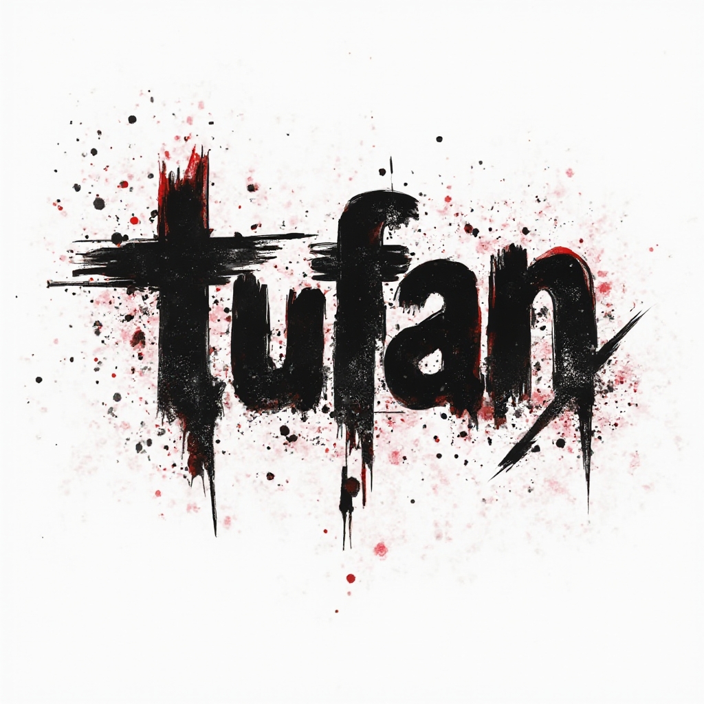 Trash Polka tattoo design of the name tufan with bold black and red distressed lettering on white