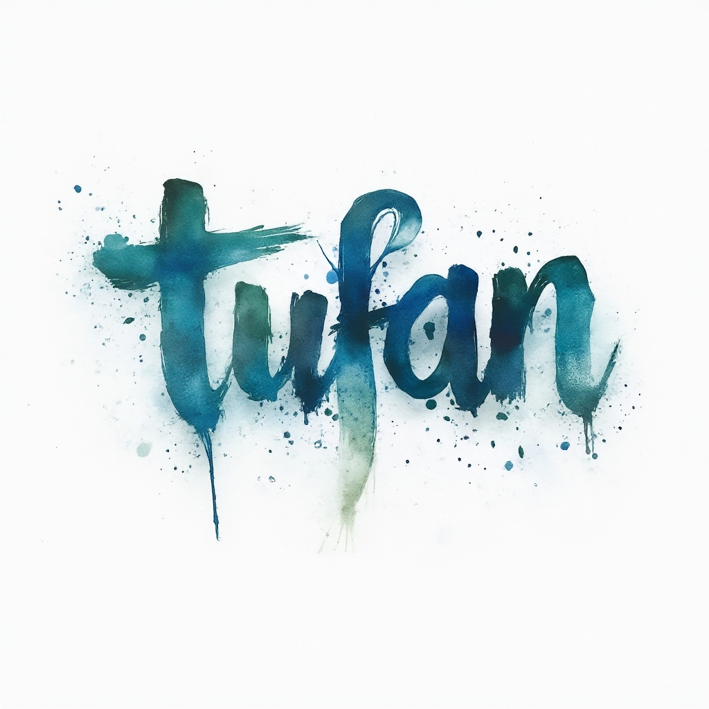 Watercolor tattoo concept of the name tufan with fluid colorful ink strokes on white background