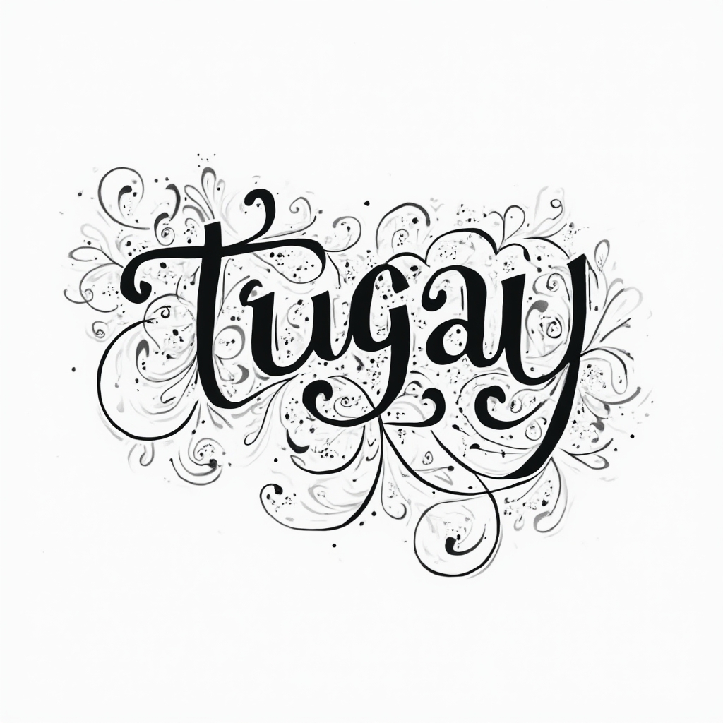 Intricate ornamental black-line tattoo art where tugay is hidden in flowing patterns on a white background