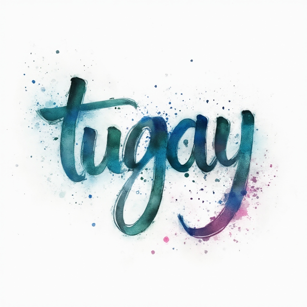Watercolor-style abstract name tattoo where tugay is formed from colorful ink washes on a white background