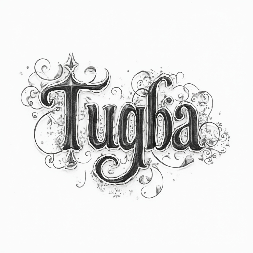 Ornamental linework tattoo concept of the name tugba in detailed black ink on white background