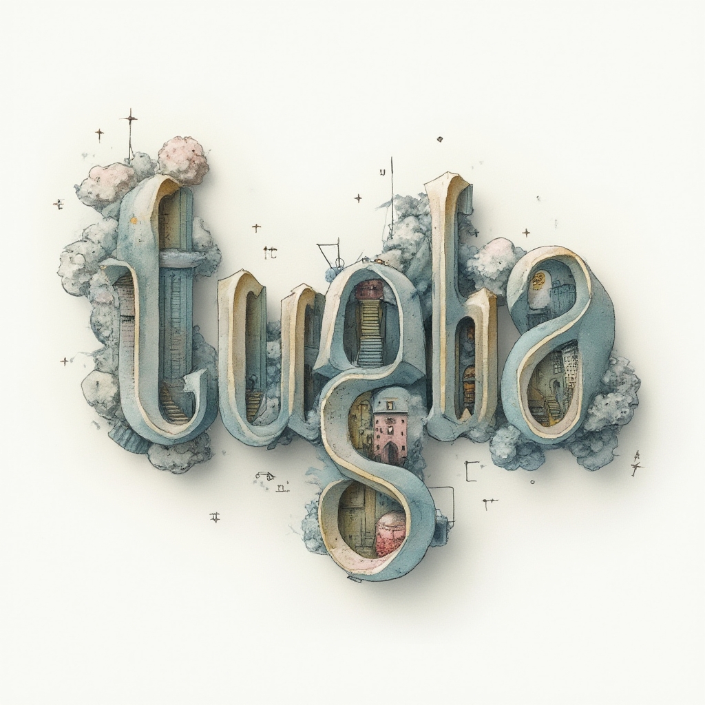 Surreal tattoo design of the name tugba as floating impossible 3D letter structures on white background