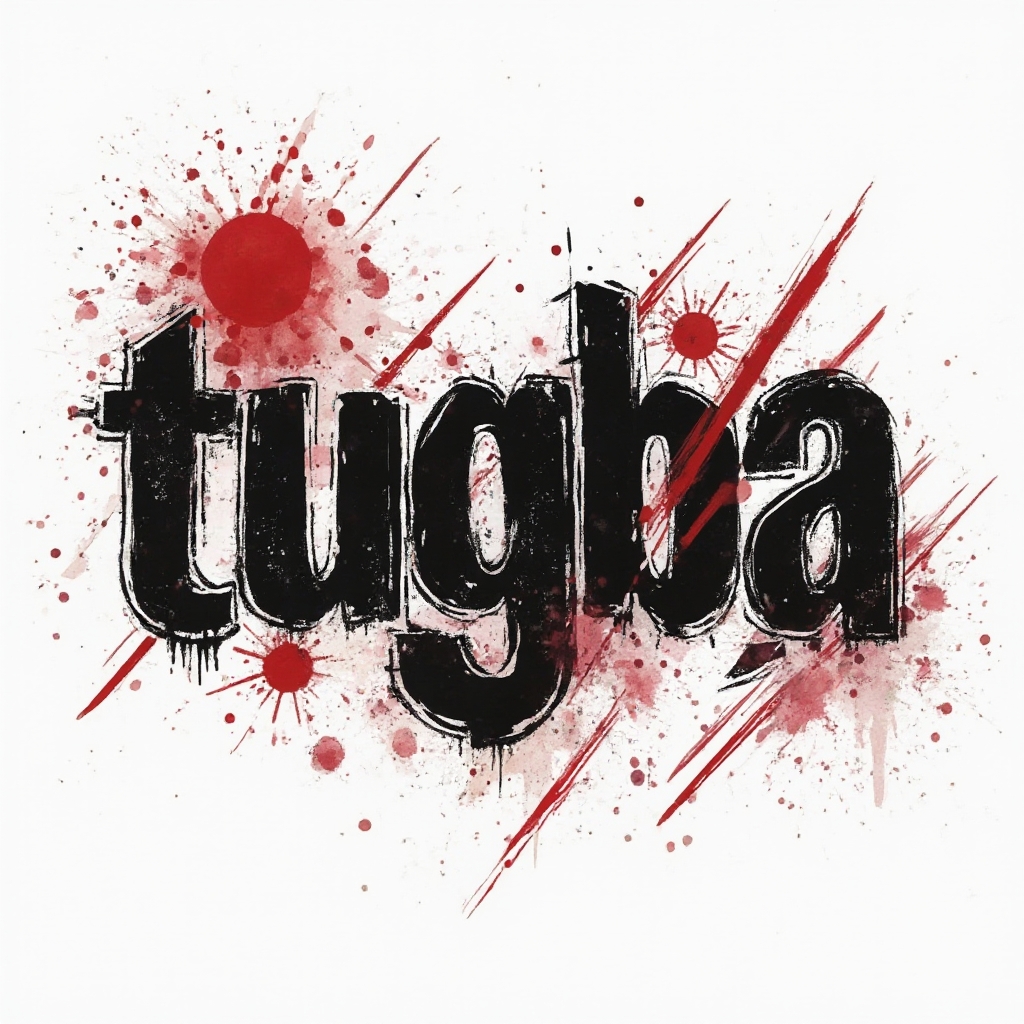 Trash Polka-style tattoo concept of the name tugba with bold black and red distressed lettering on white background