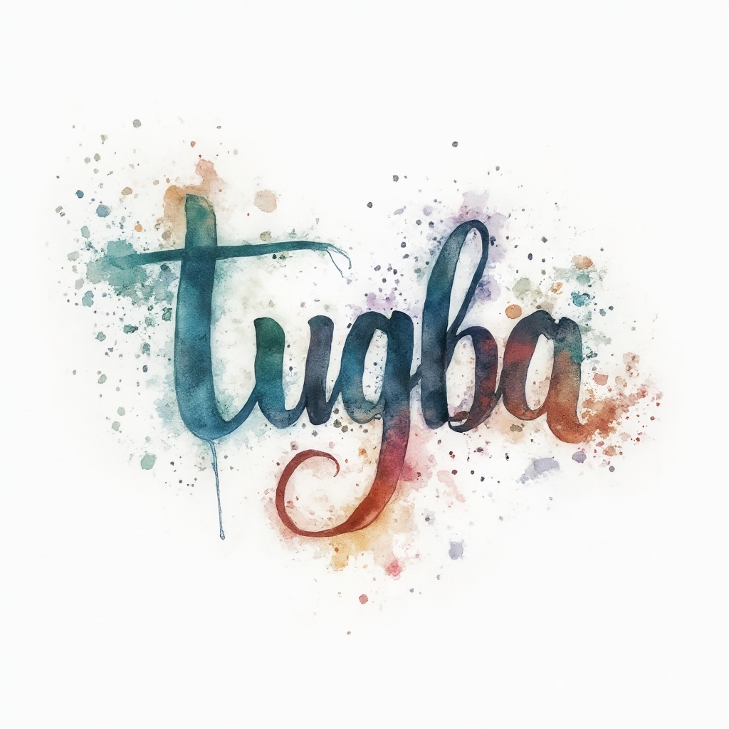 Watercolor-style tattoo concept of the name tugba with colorful ink splashes on white background