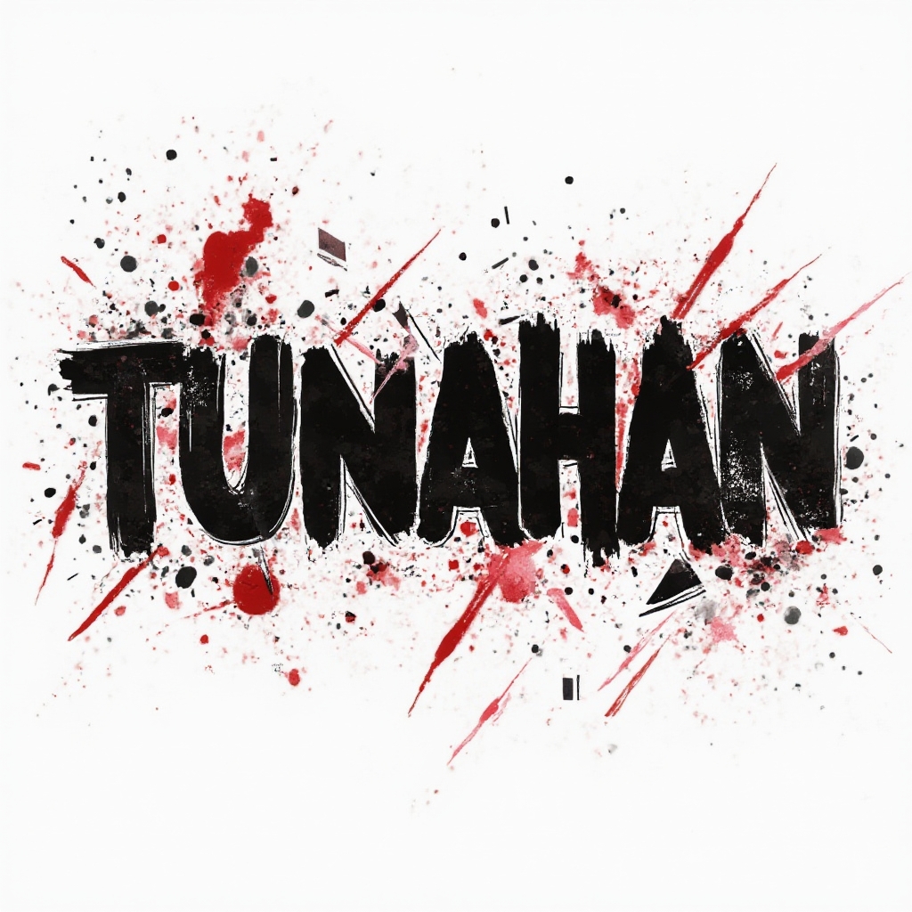 Trash Polka tattoo concept where the name tunahan is formed by bold black strokes, red splashes, and graphic elements on a white background.