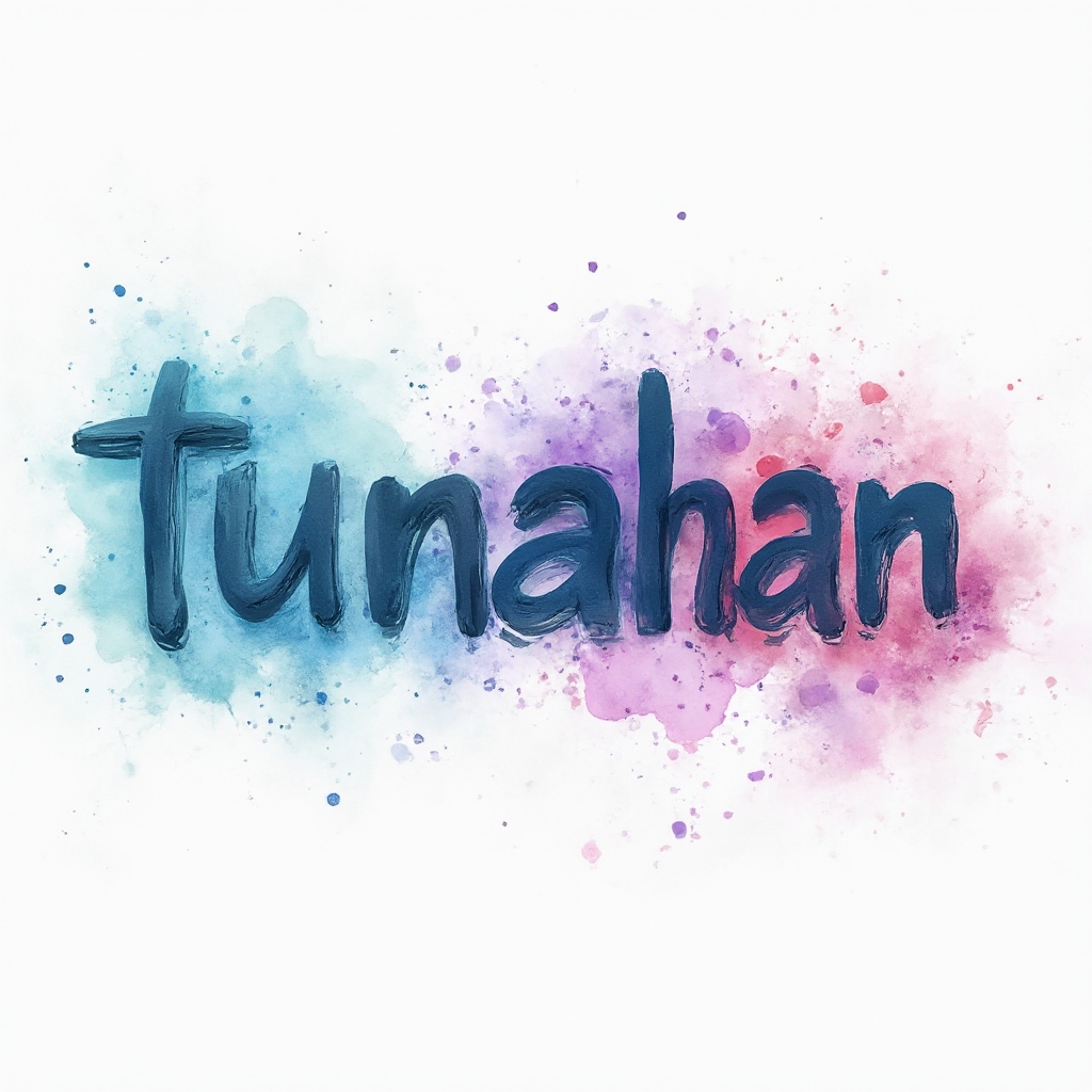 Watercolor tattoo concept where the name tunahan forms fluid brushstroke letters that melt into colorful ink splashes on a white background.