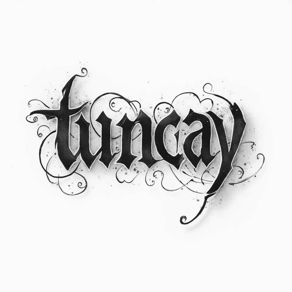 Dimensional ornamental tattoo design of the name tuncay with interlocking letters on white background
