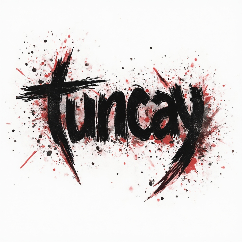 Trash Polka tattoo design of the name tuncay with bold black and red lettering on white background