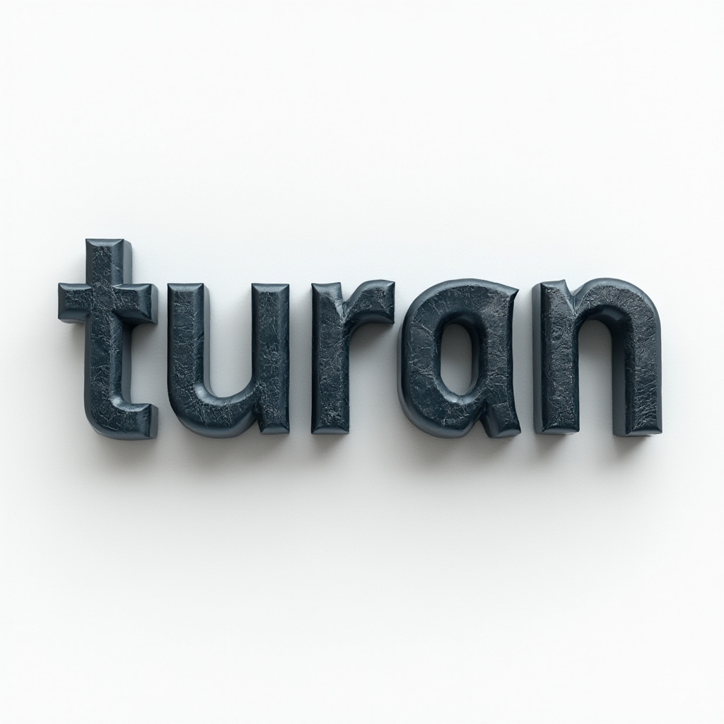 Tattoo concept where the name turan is formed as a single flowing three-dimensional sculpted word on a white background.