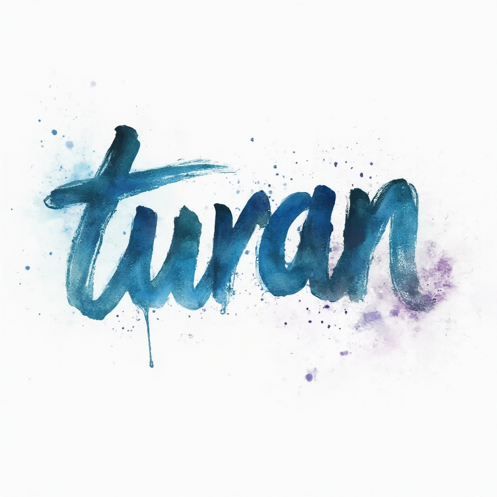 Watercolor tattoo concept where the name turan is formed by flowing multicolor ink calligraphy on a white background.