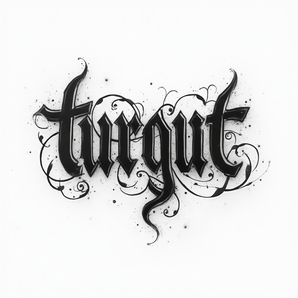 Bold dimensional black tattoo concept of the name turgut with carved, ornamental lettering on white.
