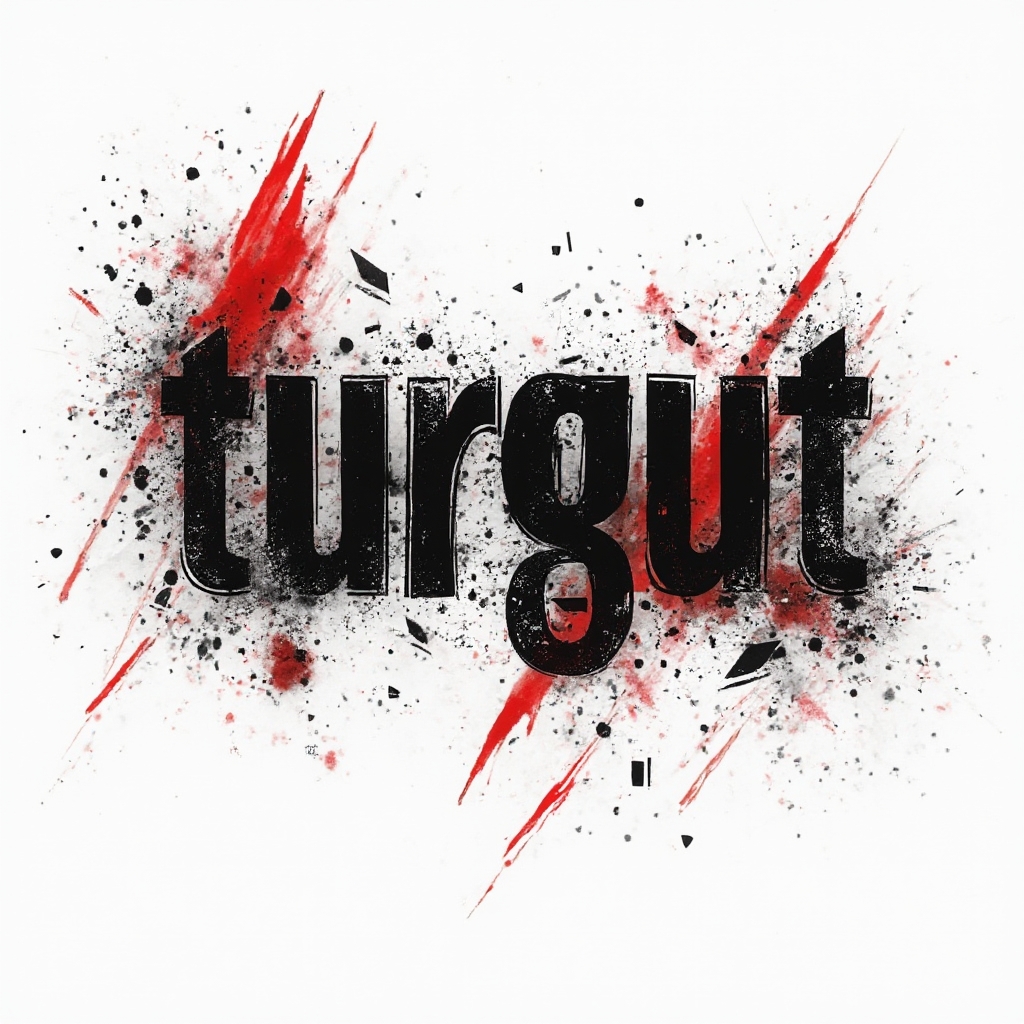Trash Polka style tattoo concept of the name turgut with bold black and red abstract elements on white.