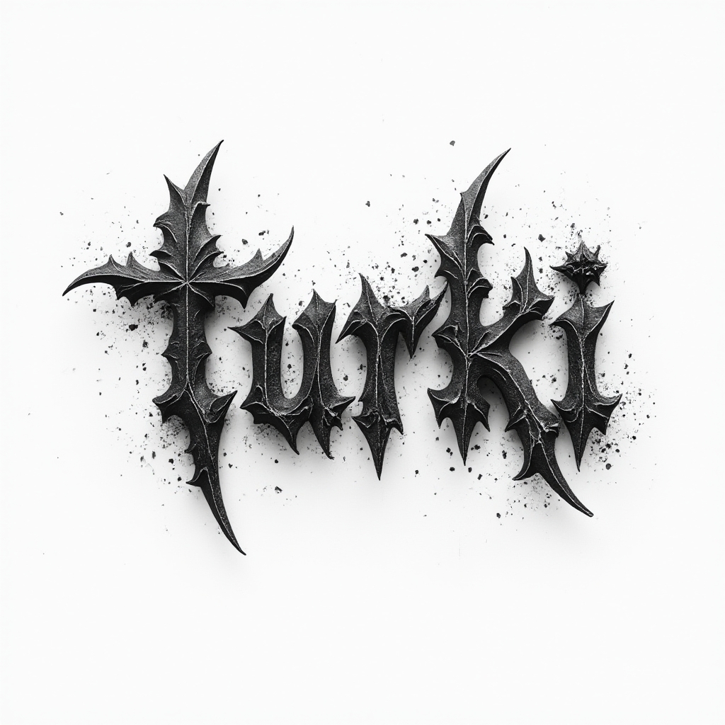 Ornate black ink tattoo concept of the name turki in complex interlocking lettering on white.