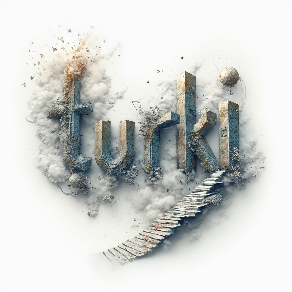 Surrealist tattoo concept where the name turki transforms into dreamlike architectural forms on white.
