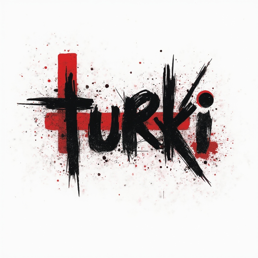 Trash Polka style tattoo concept of the name turki in bold black and red abstract lettering on white.