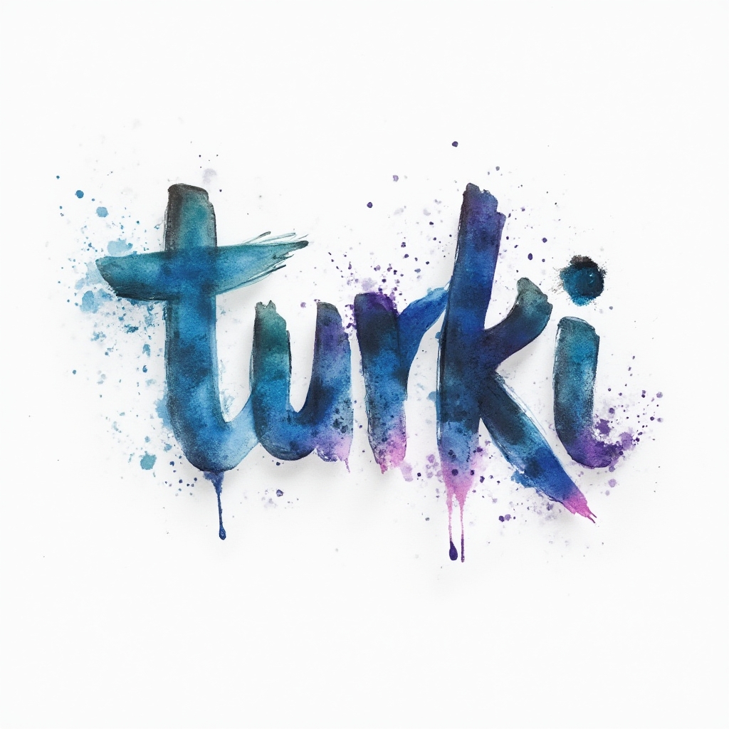 Watercolor tattoo concept of the name turki built from colorful ink splashes on a white background.