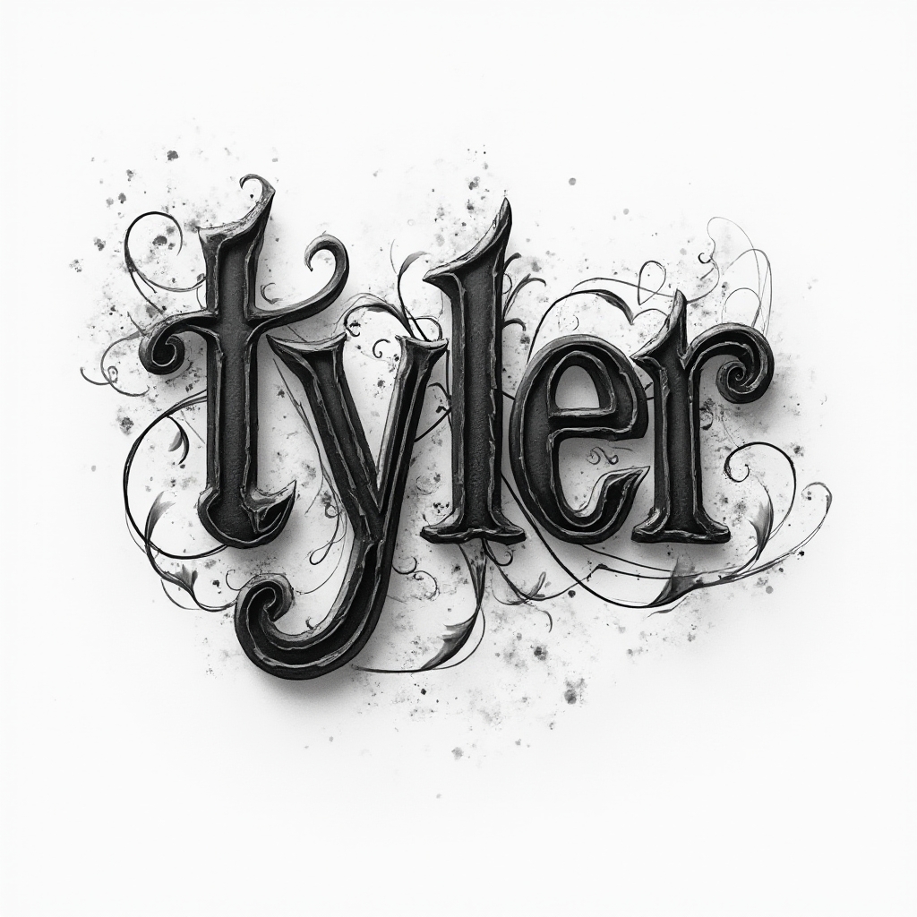 Detailed monochrome tattoo concept where the name tyler appears as dimensional, etched lettering on a white background.