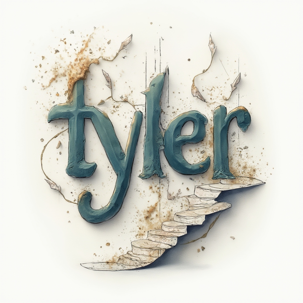 Surrealist dreamscape tattoo concept where the name tyler is formed from melting and morphing letter structures on a white background.