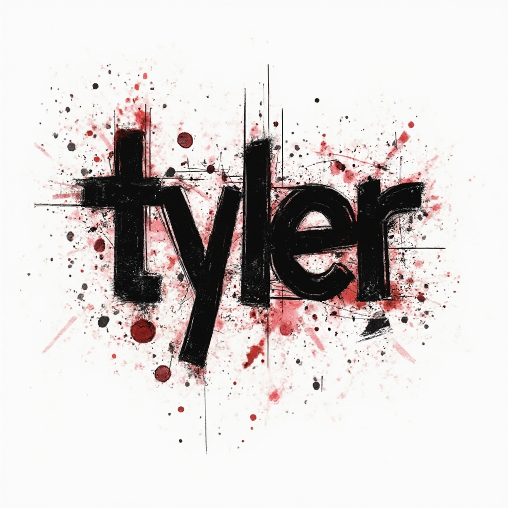 Trash Polka tattoo design where the name tyler is built from distressed black and red graphic lettering on a white background.