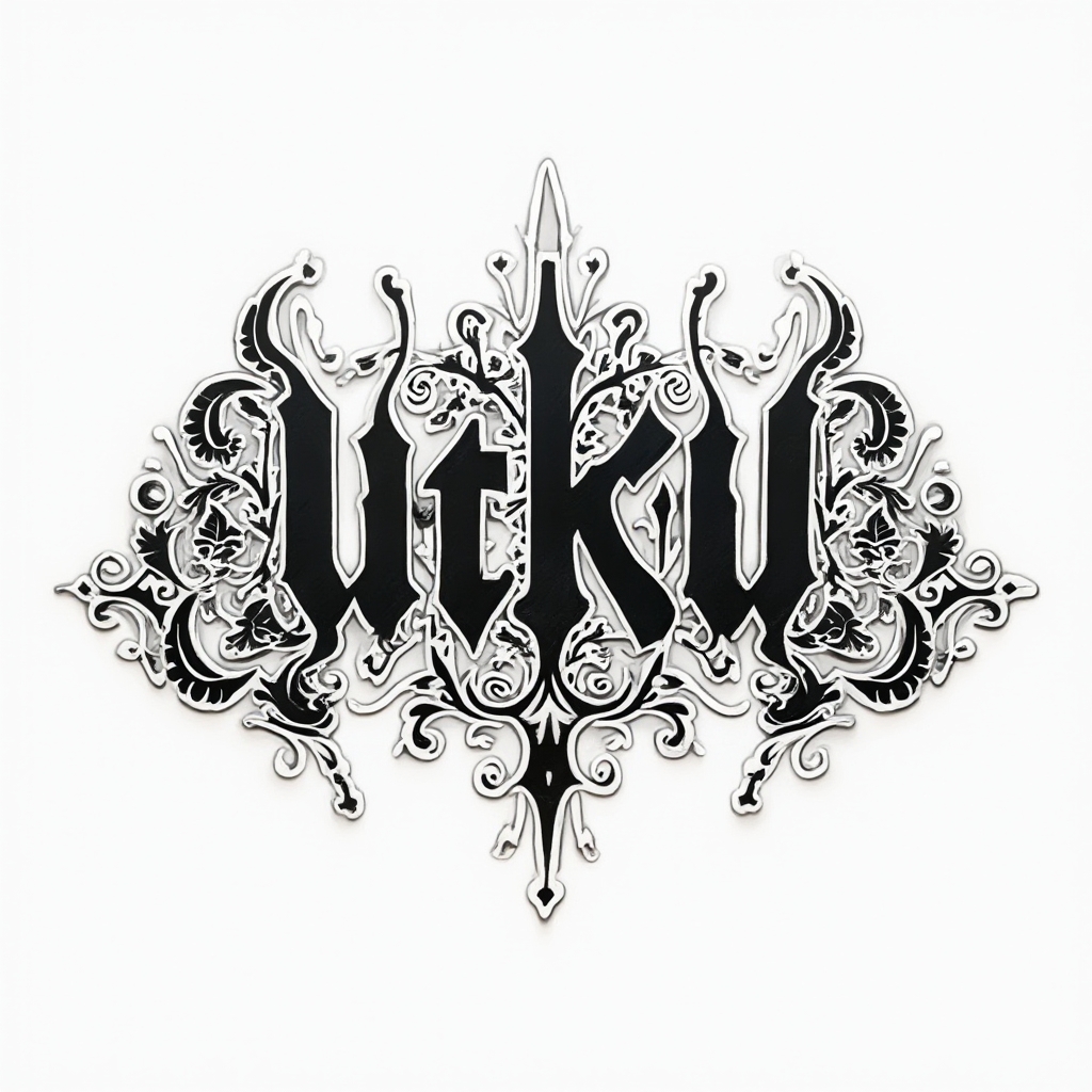 Abstract ornamental tattoo concept where the name utku is built from intricate black linework on a white background.