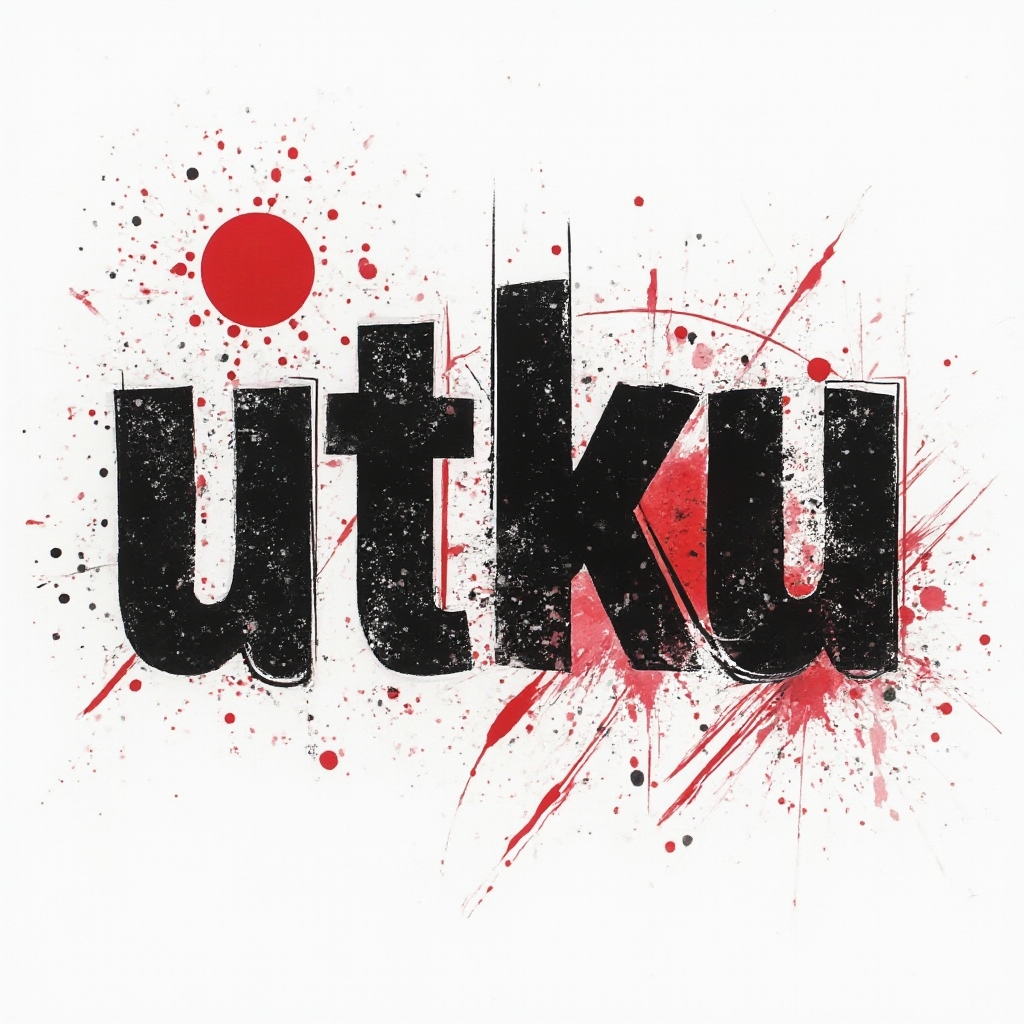 Trash Polka tattoo concept forming the name utku from bold black strokes and red splashes on a white background.