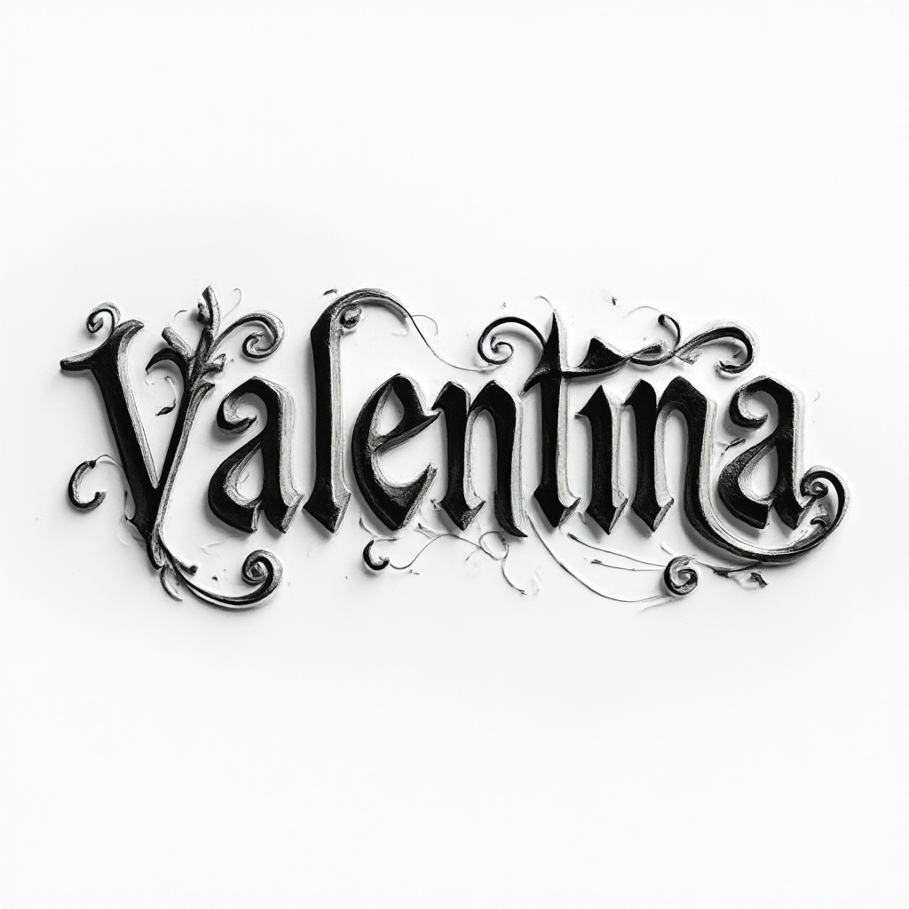 Tattoo concept of the name valentina as elegant sculpted monochrome lettering on a white background