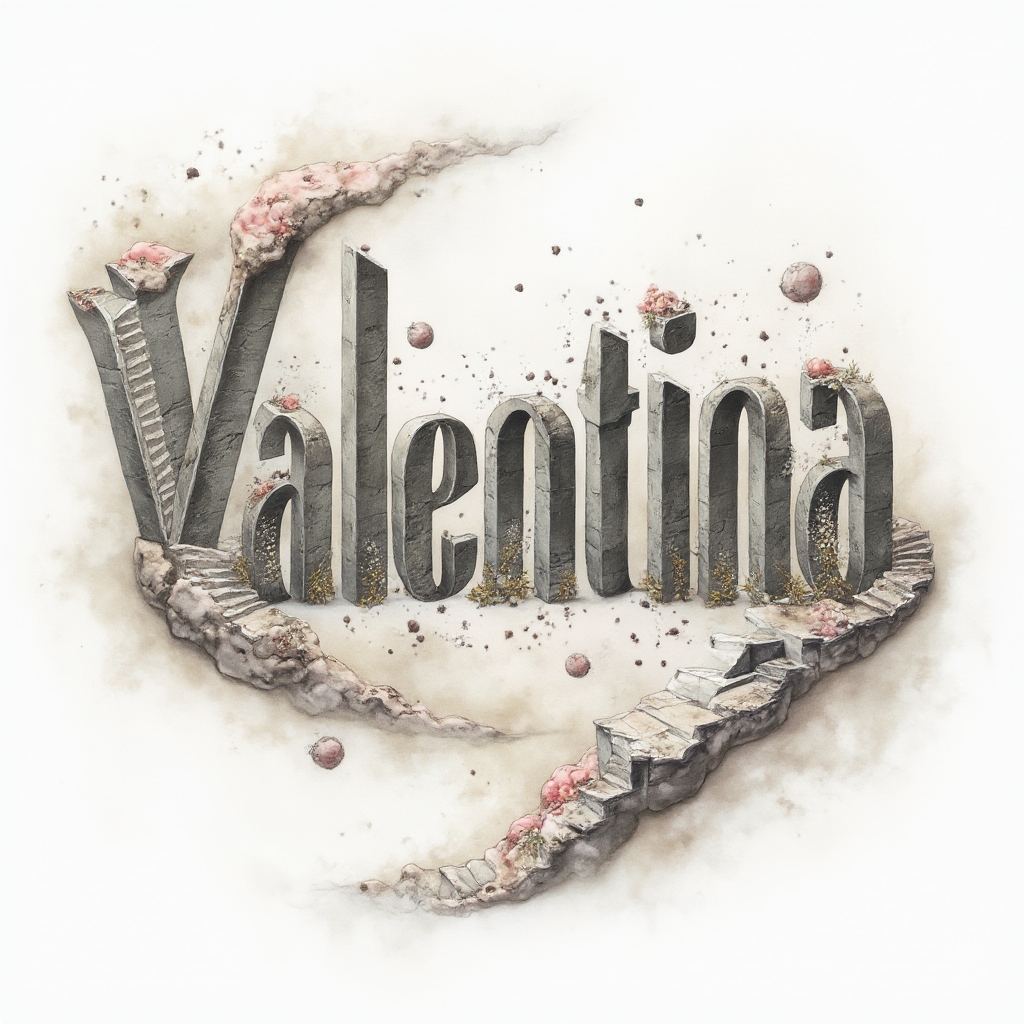 Surreal tattoo artwork where the name valentina is formed from impossible floating structures against a white background