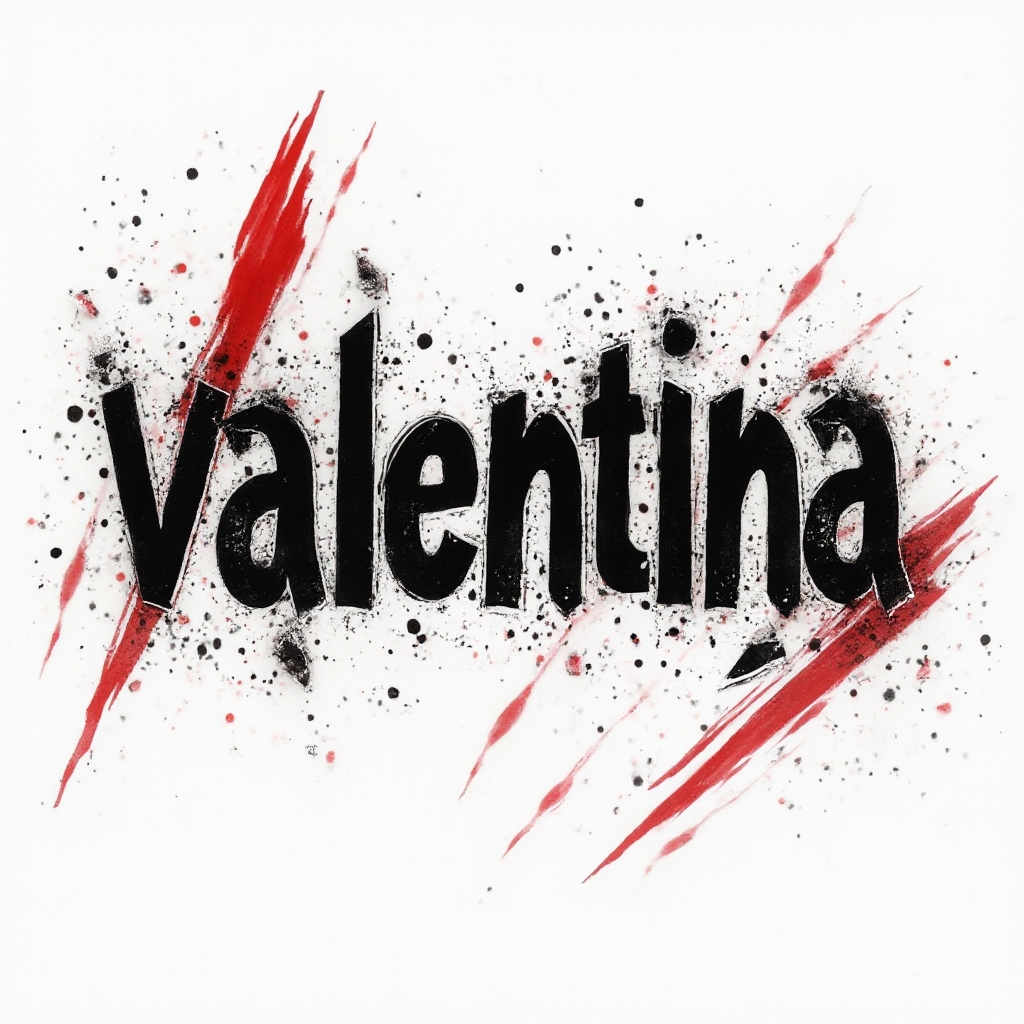 Trash Polka tattoo design of the name valentina with fragmented black and red stylized lettering on white background