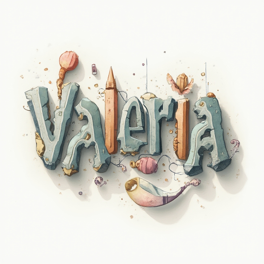 Surreal abstract lettering forming the name valeria in floating, dreamlike shapes on a white background