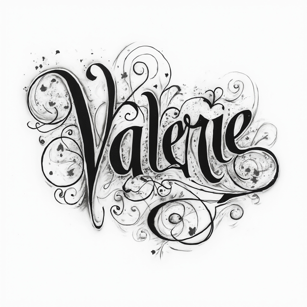 Abstract ornamental tattoo concept of the name valerie in intricate black patterns on white.