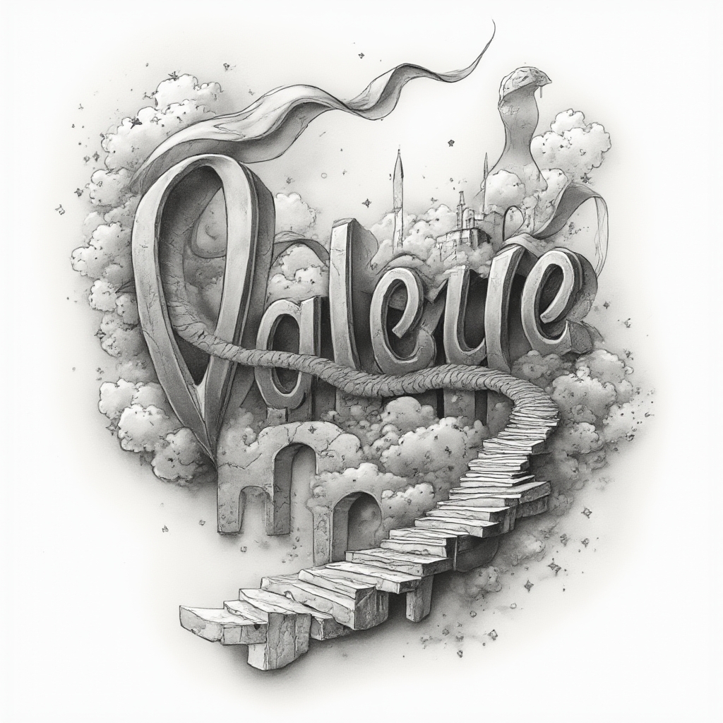 Surrealist tattoo concept of the name valerie transforming into dreamlike architecture on a white background.