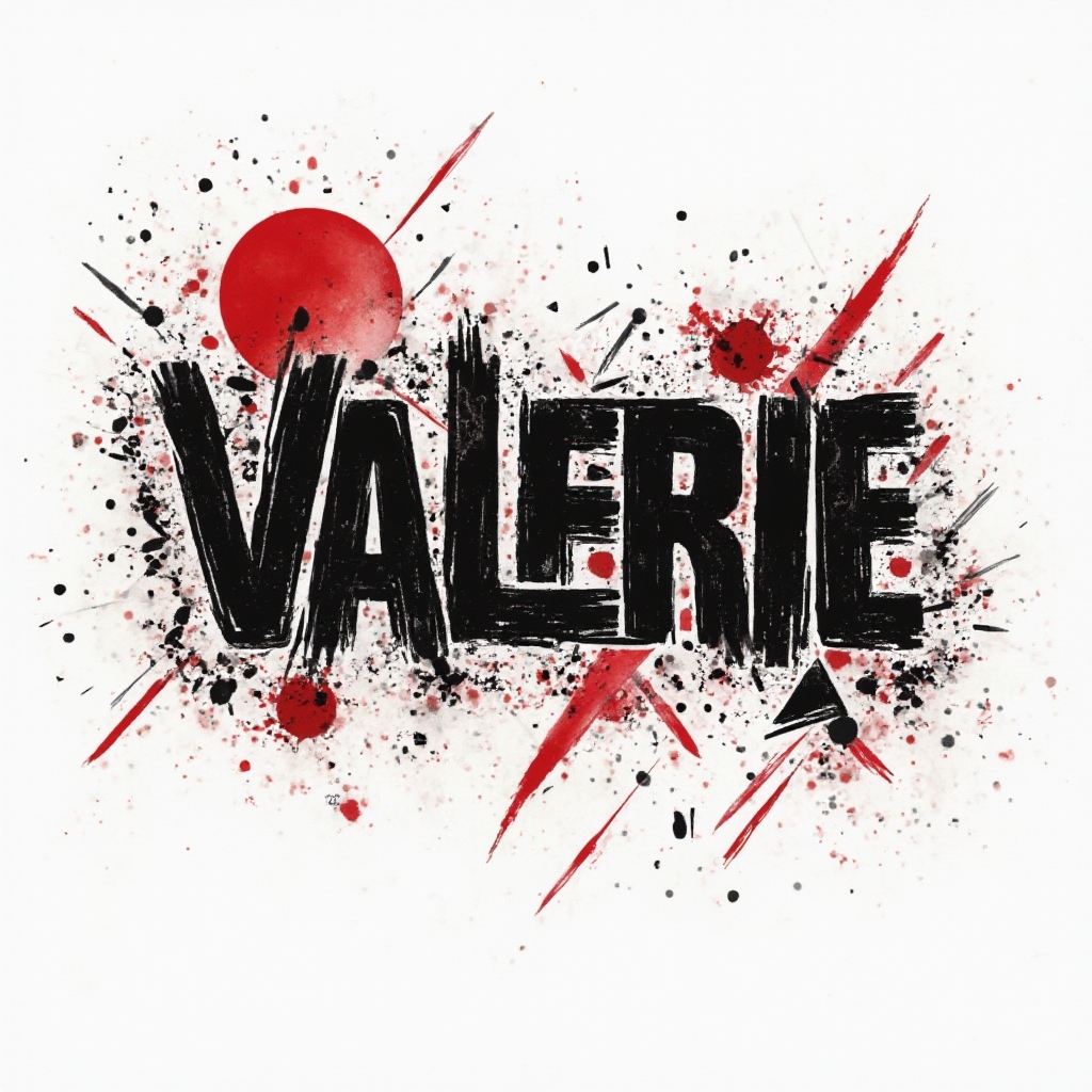 Trash Polka style tattoo concept of the name valerie with bold black and red elements on white.
