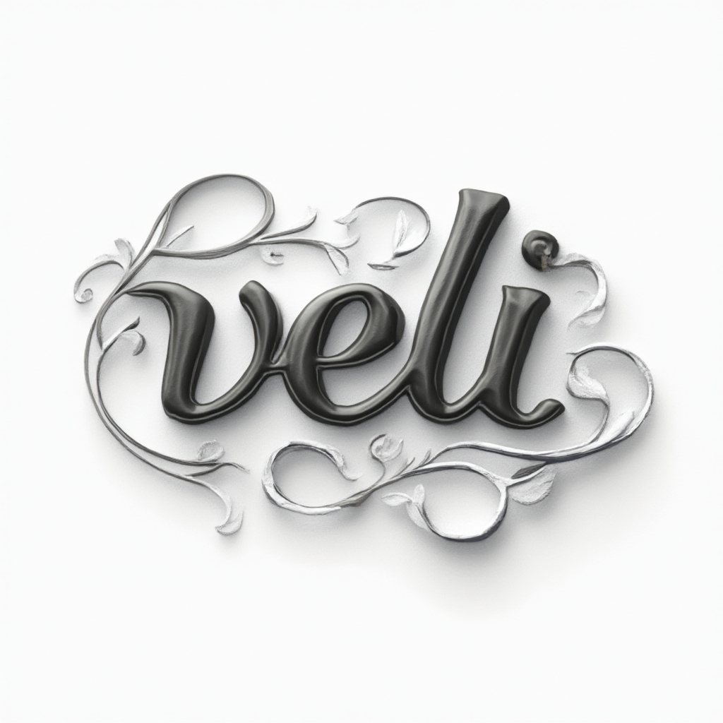 Monochrome dimensional tattoo concept where the name veli is sculpted into flowing 3D-style letters on white.