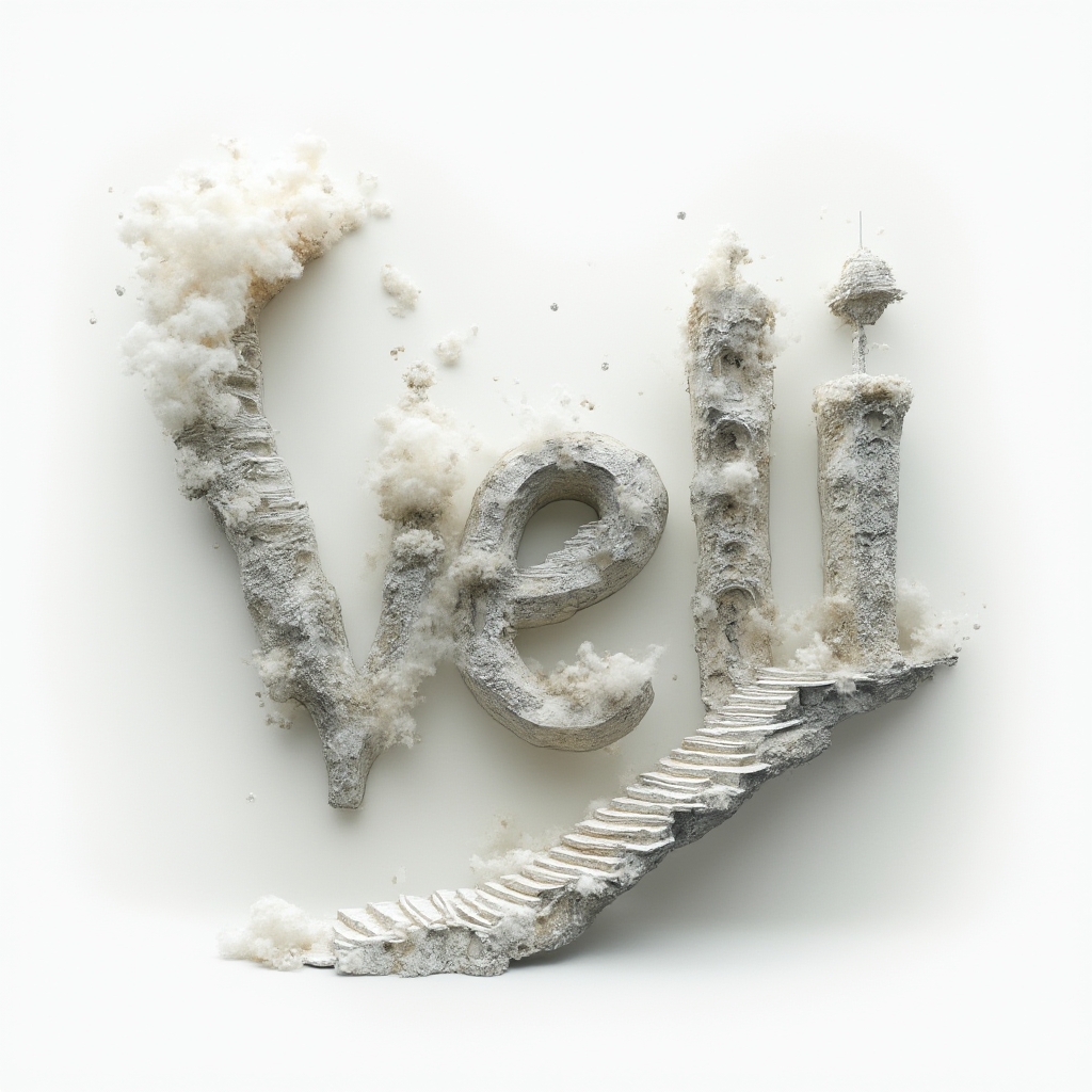 Surreal tattoo concept where the name veli is formed by floating dreamlike structures on a white background.